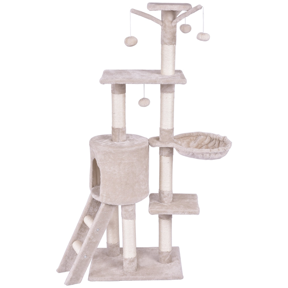 56-inch cat play tree with scratching posts, platforms, and cozy hideaway for climbing, lounging, and playing.