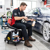 Garage mechanic stool with backrest, 330 lbs capacity, featuring tool tray storage and 6 universal wheels for easy mobility.