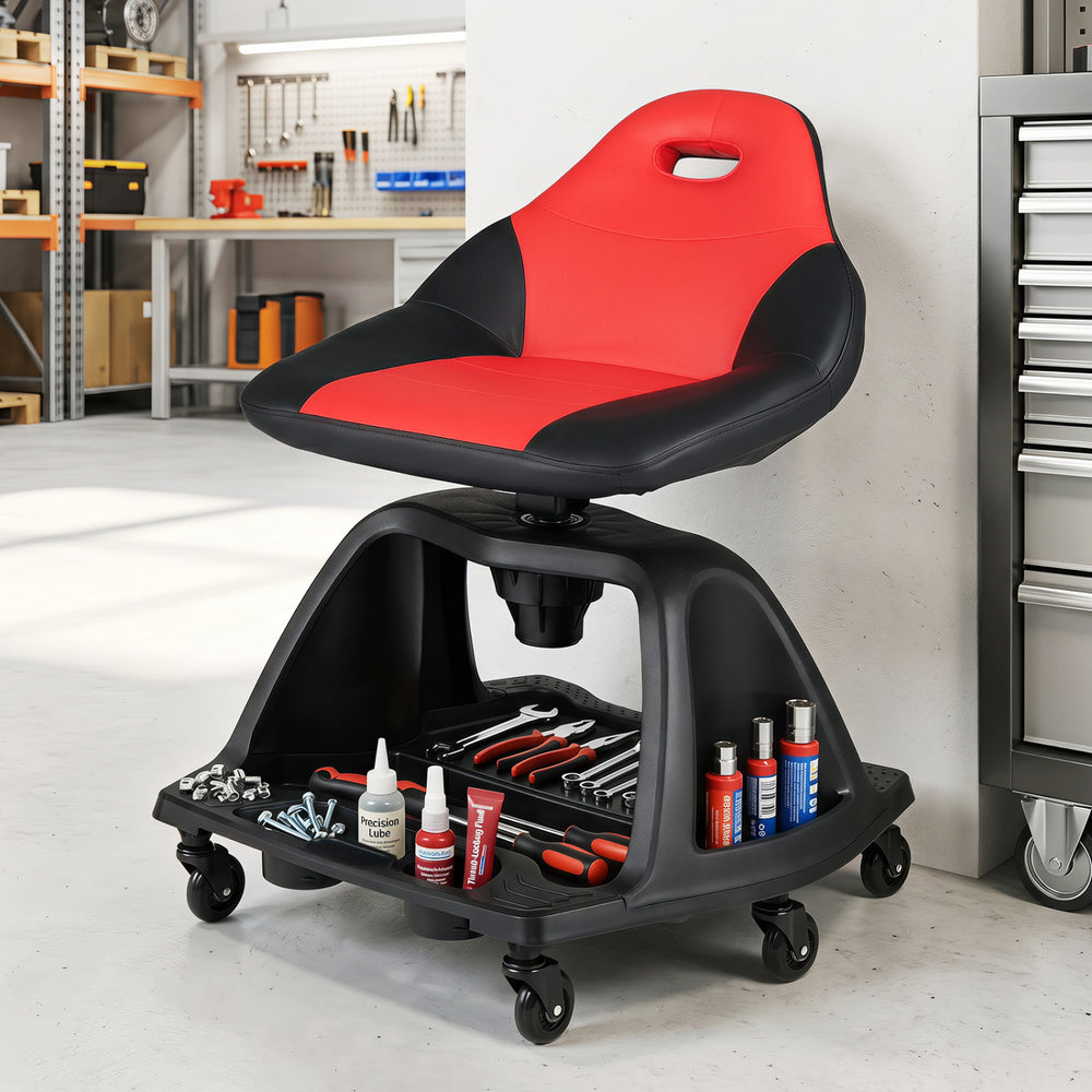 Red garage mechanic stool with backrest, 330 lbs capacity, 6 wheels, and tool tray for easy access to tools.