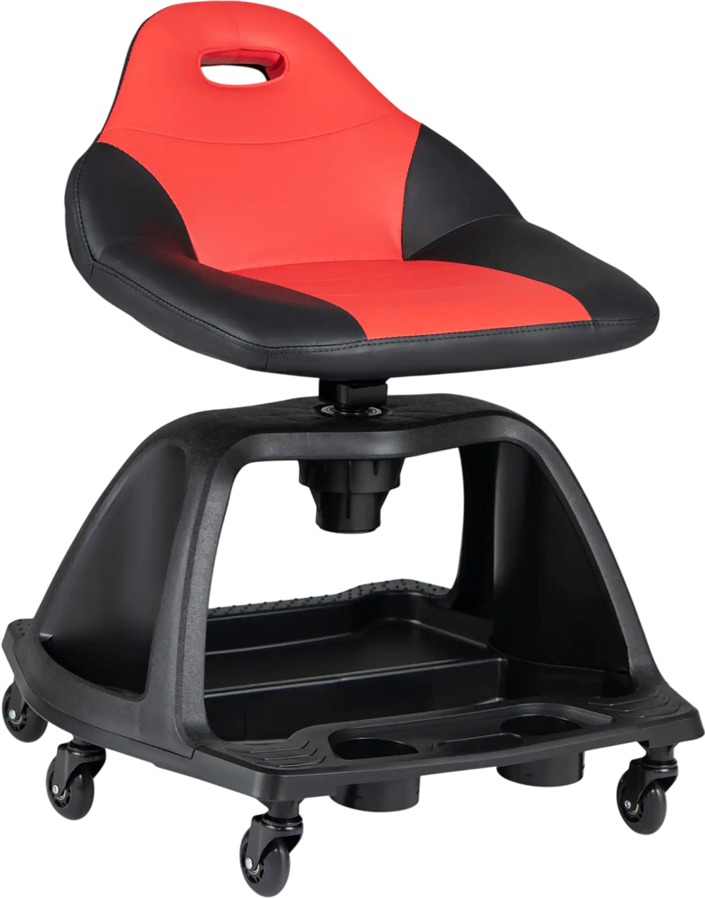 Red and black garage mechanic stool with backrest, 330 lbs capacity, features tool tray and six universal wheels for mobility.