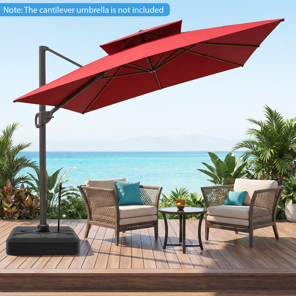 Weighted cantilever umbrella base in black with wheels, designed for 13 FT umbrellas, ideal for outdoor stability.