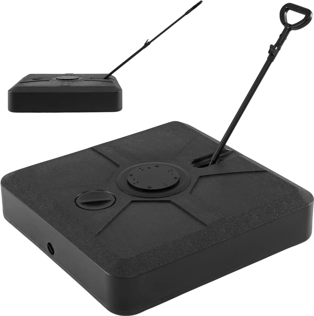 Weighted cantilever umbrella base with wheels and retractable pull rod, designed for stability and easy relocation.