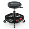 Pneumatic rolling mechanic stool with padded seat, 330 lbs capacity, and large tool tray for easy access to tools.