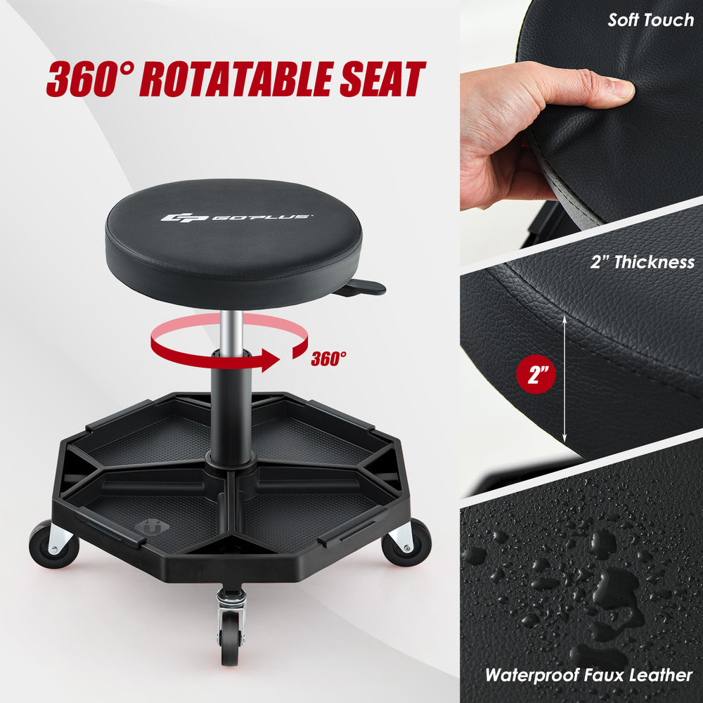Pneumatic rolling mechanic stool with a 360° rotatable padded seat, waterproof faux leather, and 330 lbs capacity.