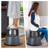 Versatile 330 lbs step stool with non-slip rubber platform, shown in use for reaching high places and as a seat.