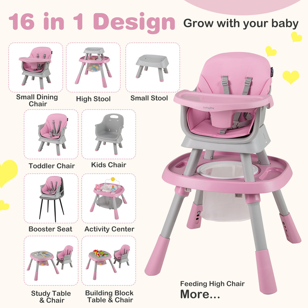 16-in-1 baby high chair in pink, featuring adjustable height, activity center, and booster seat for versatile use.