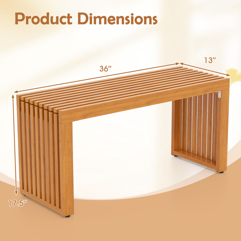 36-inch acacia wood patio bench with slatted design, dimensions 36" x 13" x 17.5", ideal for backyard or porch use.