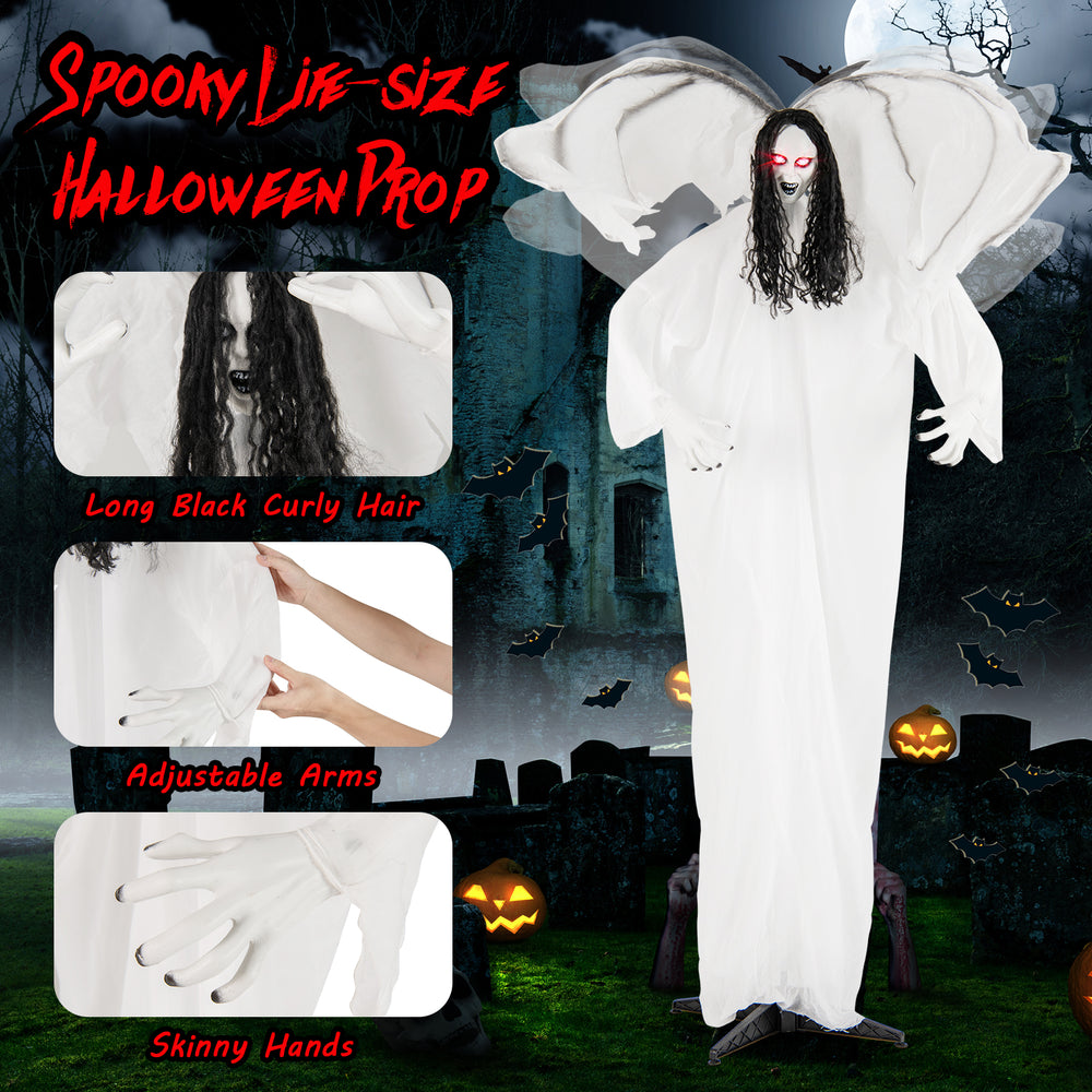 Life-size 6.6 feet Halloween animatronic angel with light-up red eyes, flapping wings, and poseable arms for spooky.