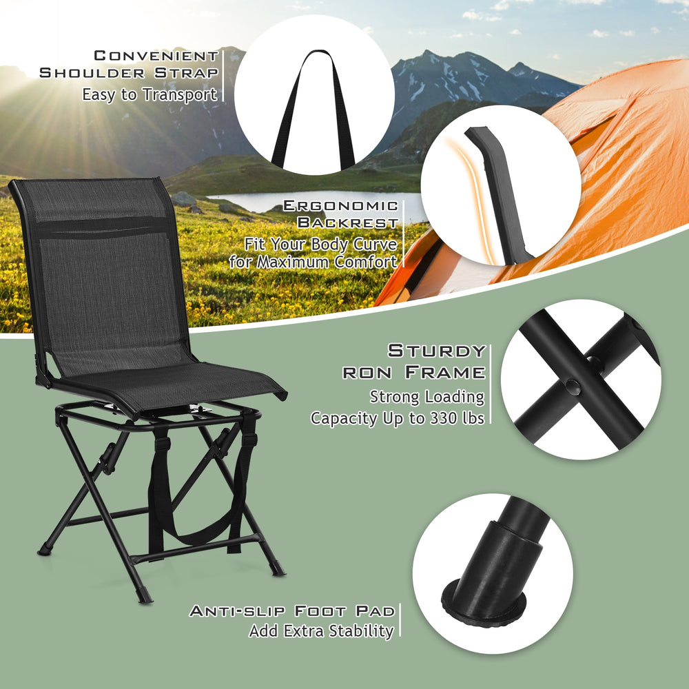 Black foldable 360-degree swivel chair with sturdy iron frame, designed for outdoor use and easy transport.