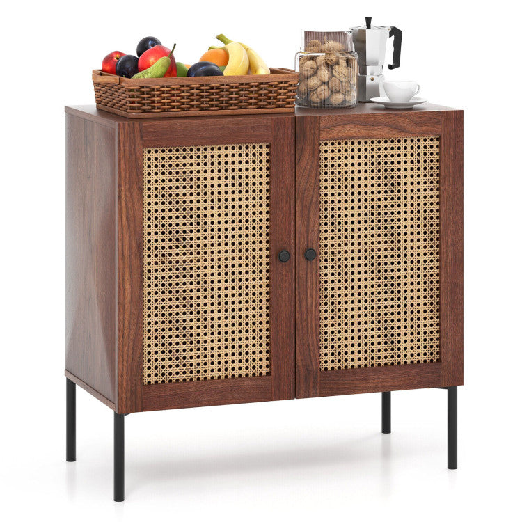 Rattan storage sideboard with two doors, featuring a natural finish and adjustable shelf for versatile kitchen storage.