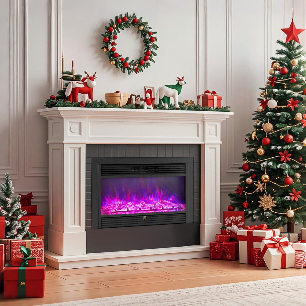 Electric fireplace insert with adjustable flame colors and remote control, perfect for cozy holiday ambiance.
