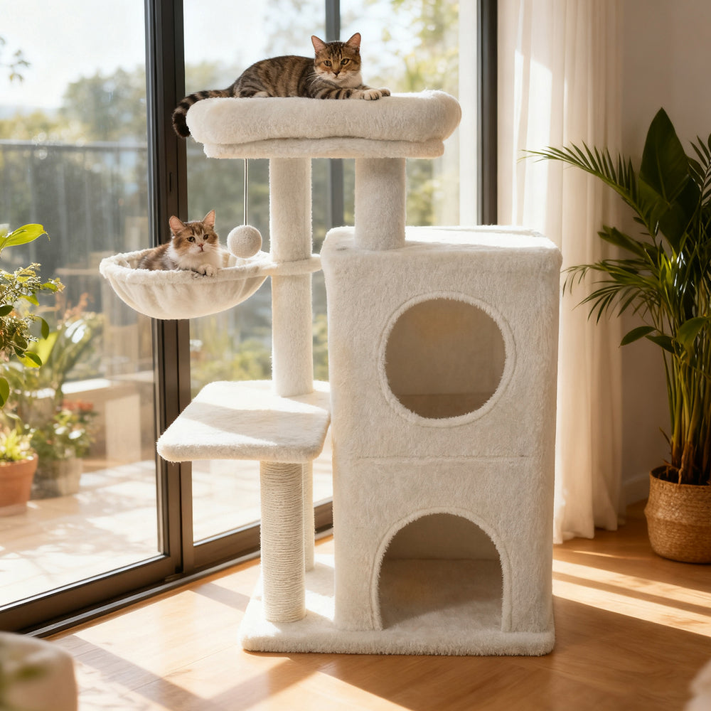 33.5-inch beige kitten tower featuring a 2-tier condo, padded top perch, and sisal scratching posts for playful.