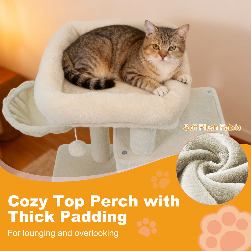 Cozy top perch with thick padding on a 33.5-inch kitten tower, perfect for lounging and overlooking.