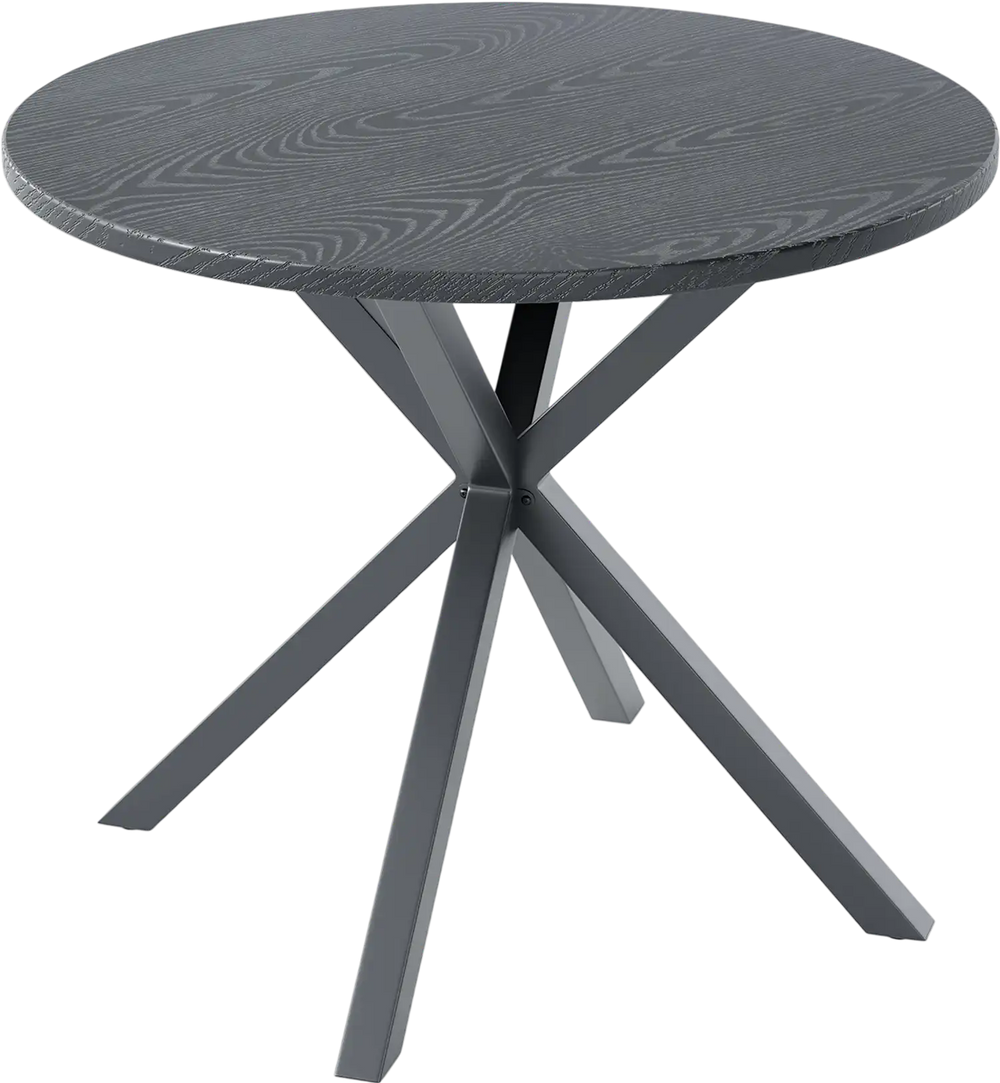Round patio bistro table with wood-like top and X-shaped legs, gray finish, suitable for 4-6 people, ideal for outdoor.