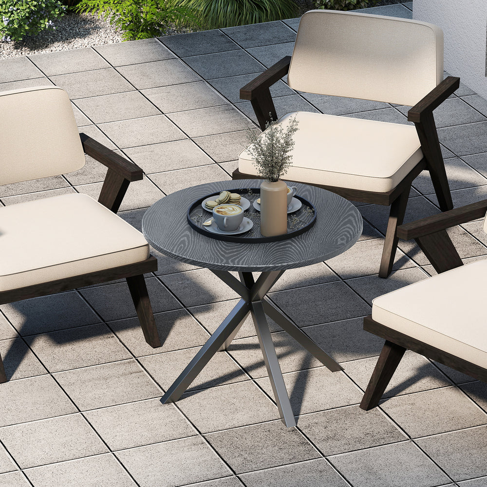 Round patio bistro table with wood-like top and X-shaped legs, perfect for outdoor gatherings in your garden or patio.