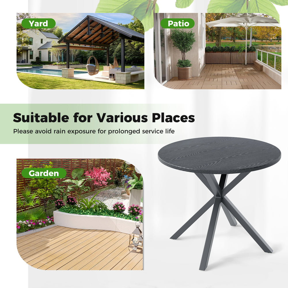 33.5-inch round patio bistro table with wood-like top and X-shaped legs, ideal for outdoor garden or patio gatherings.