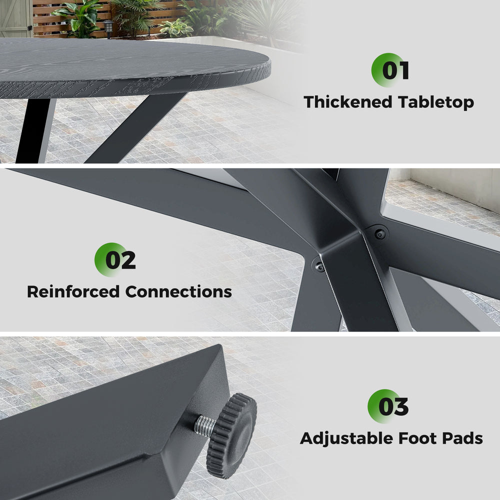 Thickened tabletop detail of the 33.5-inch round patio bistro table with gray wood-like finish and X-shaped legs.