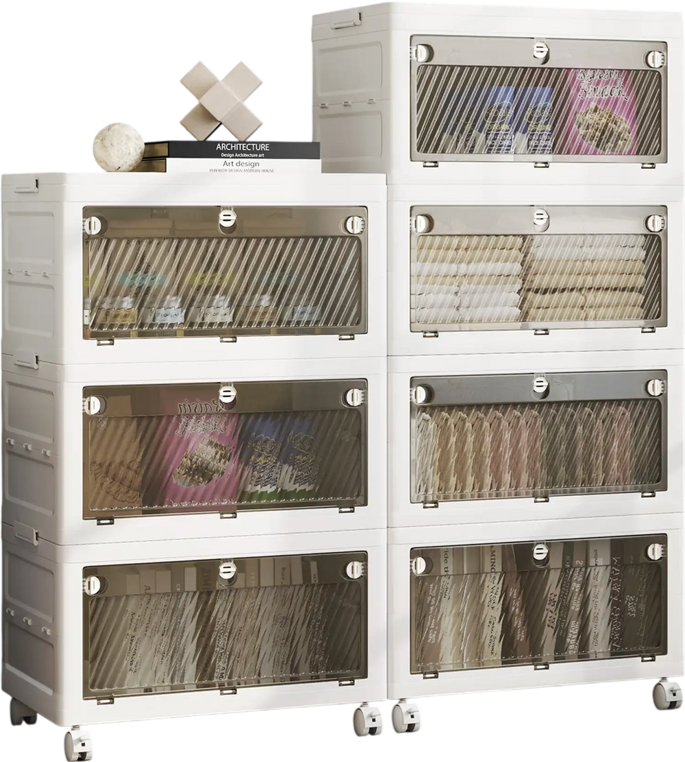 Stackable white plastic storage bins with translucent flip doors, ideal for organizing clothes and books in any room.