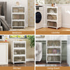Stackable white plastic storage bins with lids, featuring translucent doors and casters, ideal for bedroom and laundry.