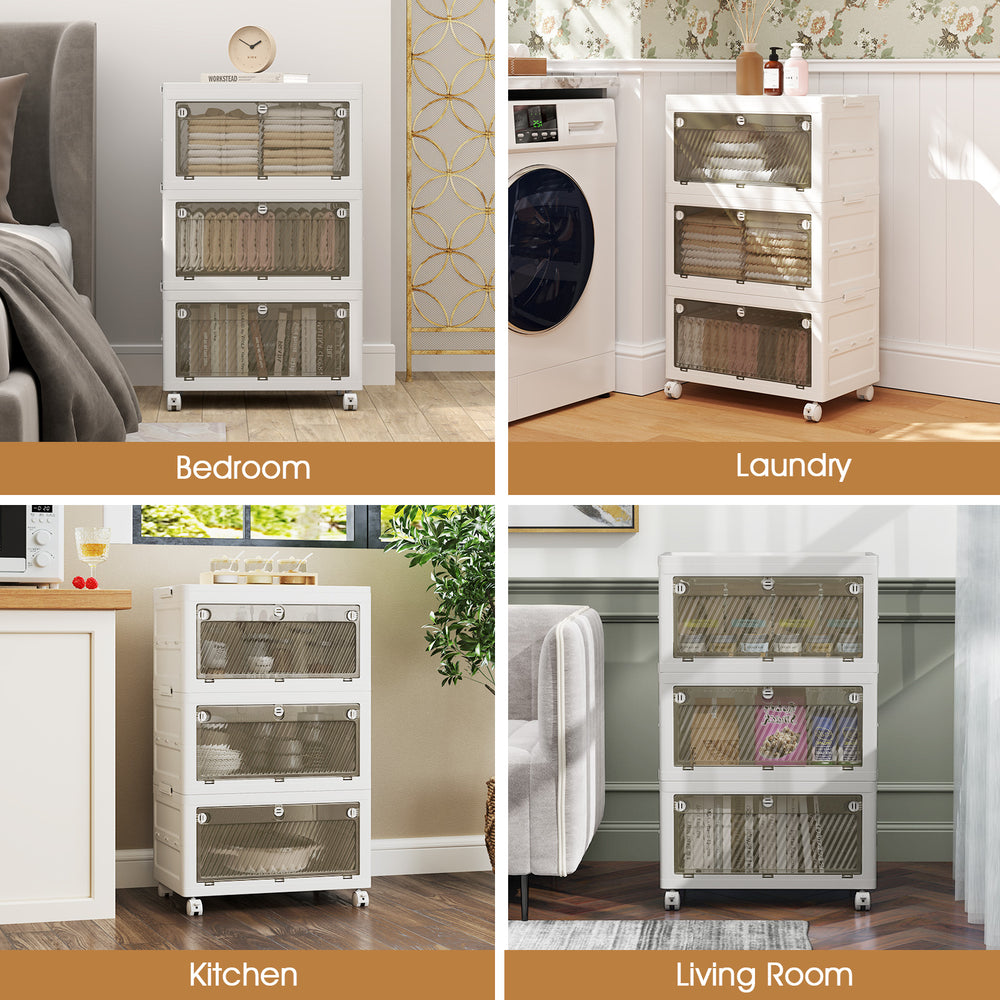Stackable white plastic storage bins with lids, featuring translucent doors and casters, ideal for bedroom and laundry.