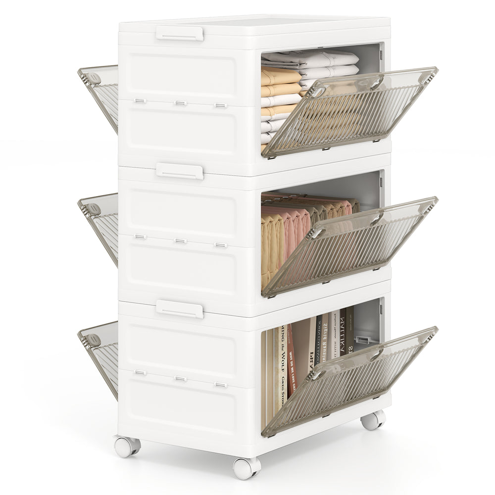 White stackable storage bins with translucent flip doors and 33-gal capacity, perfect for versatile organization in any.