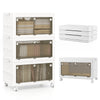 Stackable 33-gal white plastic storage bins with translucent doors, ideal for organizing clothes and household items.