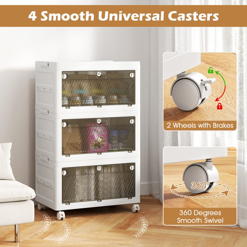 Stackable white plastic storage bins with translucent doors, 33-gal capacity, and 4 smooth universal casters for easy.