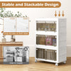 Stackable white plastic storage bins with translucent doors, 33-gal capacity, ideal for bedroom and living room.