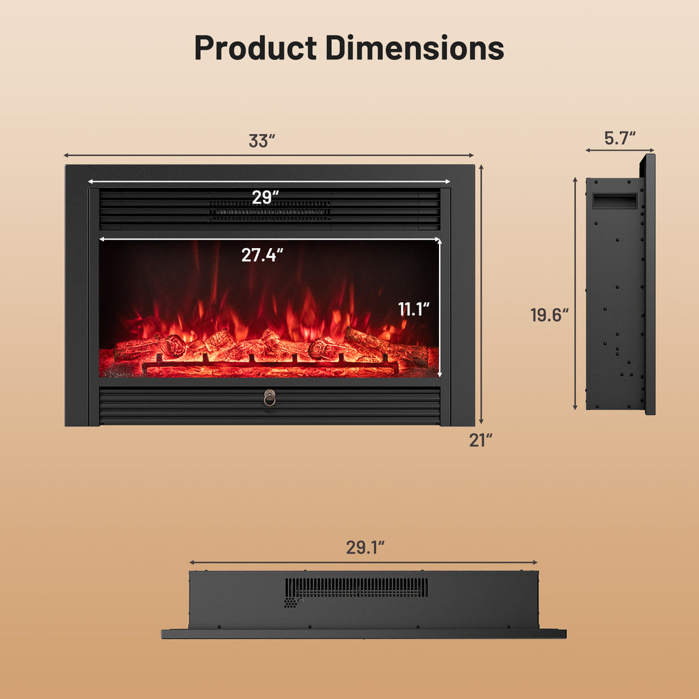 Dimensions of the 33/36-Inch Electric Fireplace Insert, showcasing a sleek design for efficient heating and ambiance.