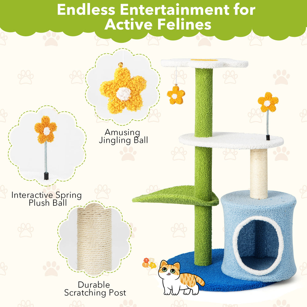 34.5-inch blue cat tree with 4 tiers, sisal scratching posts, and jingling balls for playful kittens.