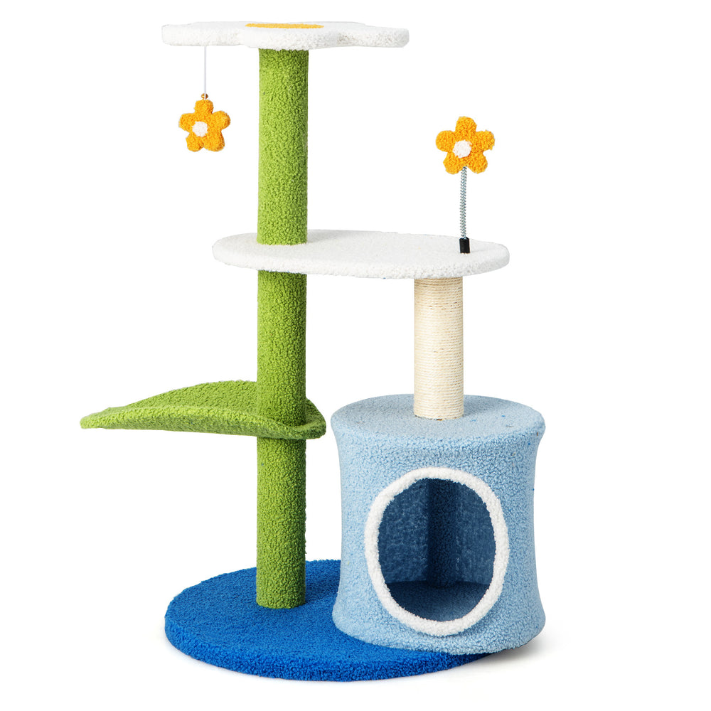 34.5-inch blue cat tree with 4 tiers, sisal scratching posts, and plush perches for playful kittens and cozy naps.