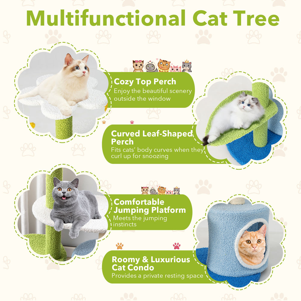 34.5-inch 4-tier cat tree with cozy top perch, leaf-shaped perch, and sisal scratching posts for playful kittens.