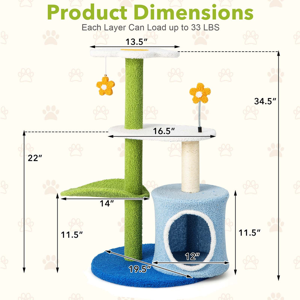 34.5-inch 4-tier cat tree in blue with scratching posts, condo, and playful balls, ideal for feline fun and relaxation.