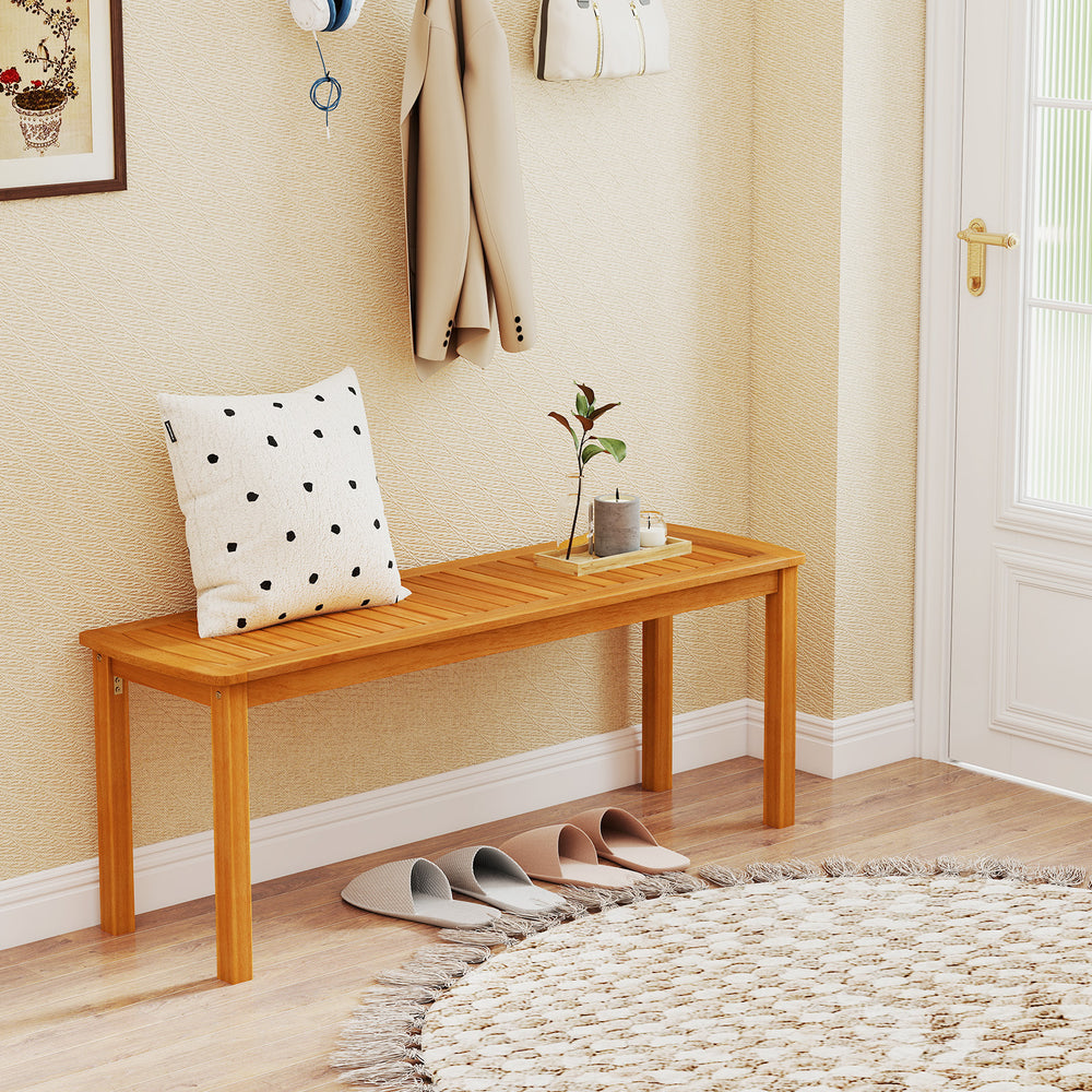 Acacia wood outdoor bench with slatted seat, designed for comfort and ventilation, perfect for garden or entryway use.