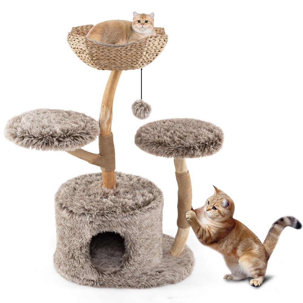Wood cat tree with cozy perch, plush fabric, and sisal scratching posts for playful exploration and relaxation.