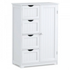 White wooden cabinet with four drawers and one door, ideal for bathroom storage and organizing personal care items.