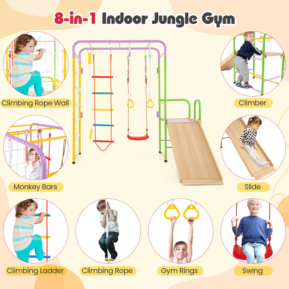Multicolor 8-in-1 indoor jungle gym with monkey bars, slide, and climbing features for kids over 3 years old.