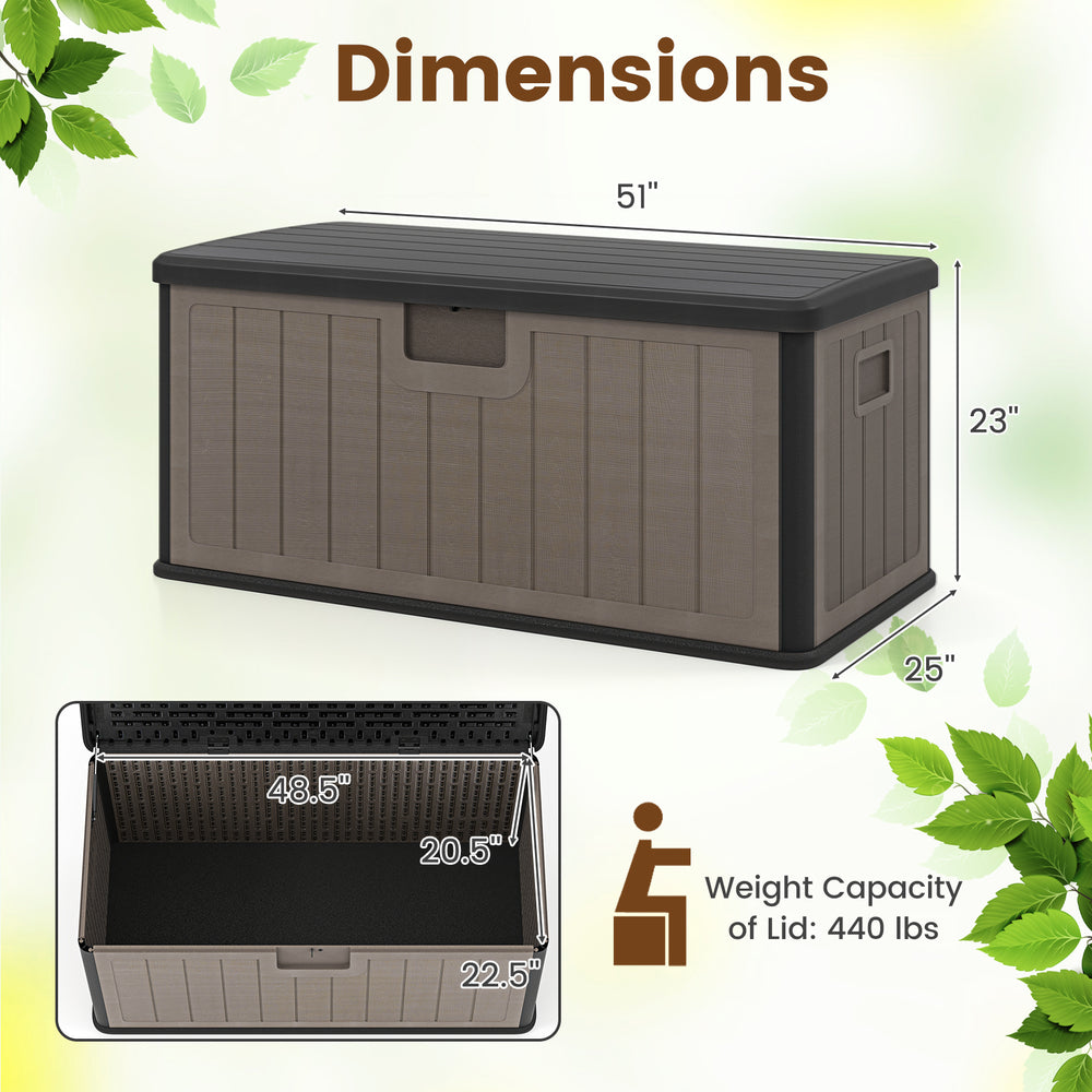 Large 100-gallon deck box in black and brown, weatherproof HDPE, with lockable lid, ideal for outdoor storage.
