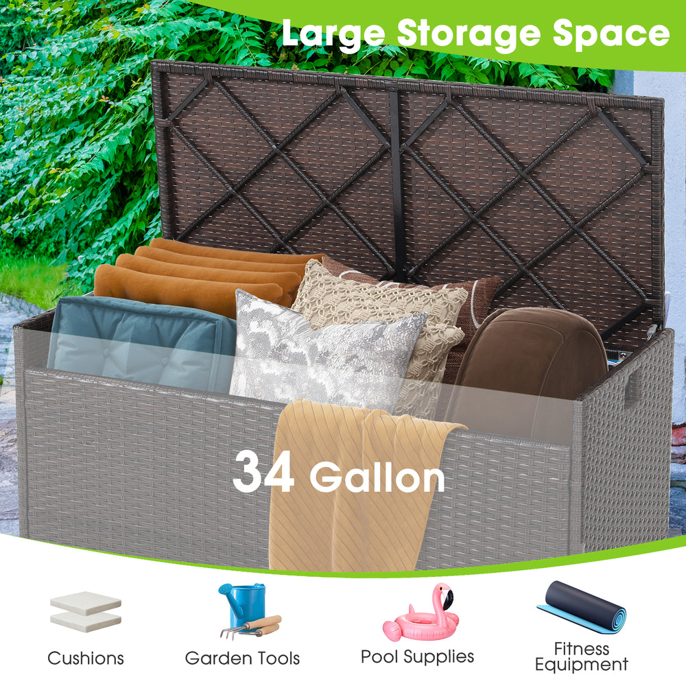 Patio storage bench with 34-gallon capacity, featuring a soft cushion and durable PE rattan, ideal for outdoor use.