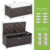 Patio storage bench with a soft seat cushion, made of durable brown PE rattan, featuring a 34-gallon capacity.