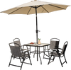 Square 34-inch outdoor dining table with tempered glass top and umbrella hole, surrounded by four folding chairs.