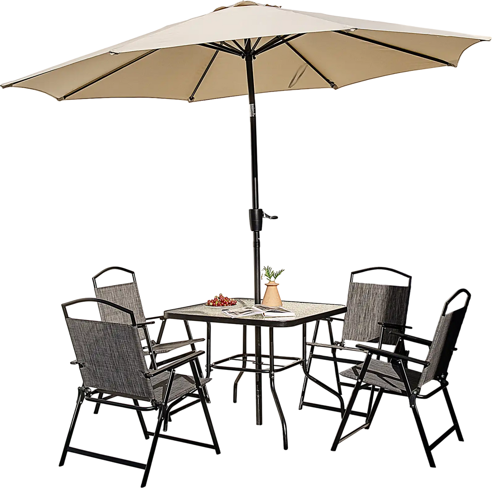 Square 34-inch outdoor dining table with tempered glass top and umbrella hole, surrounded by four folding chairs.