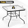 34-inch square outdoor dining table with tempered glass top, black metal frame, and 1.5-inch umbrella hole for patio.