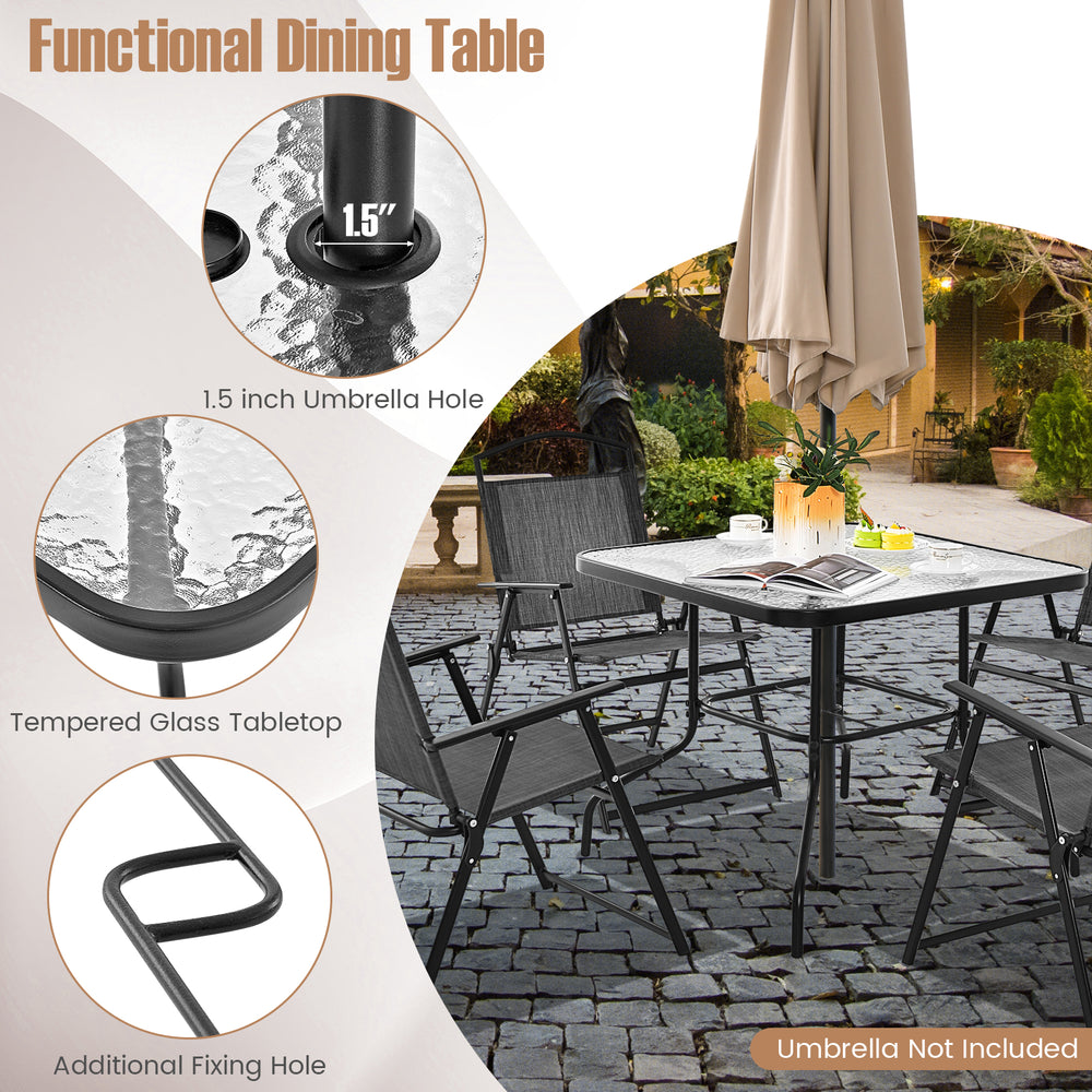Square outdoor dining table with 34-inch tempered glass top and 1.5-inch umbrella hole, ideal for backyard gatherings.