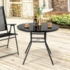 34-inch round patio dining table with a sleek black tempered glass top and umbrella hole, perfect for stylish outdoor.