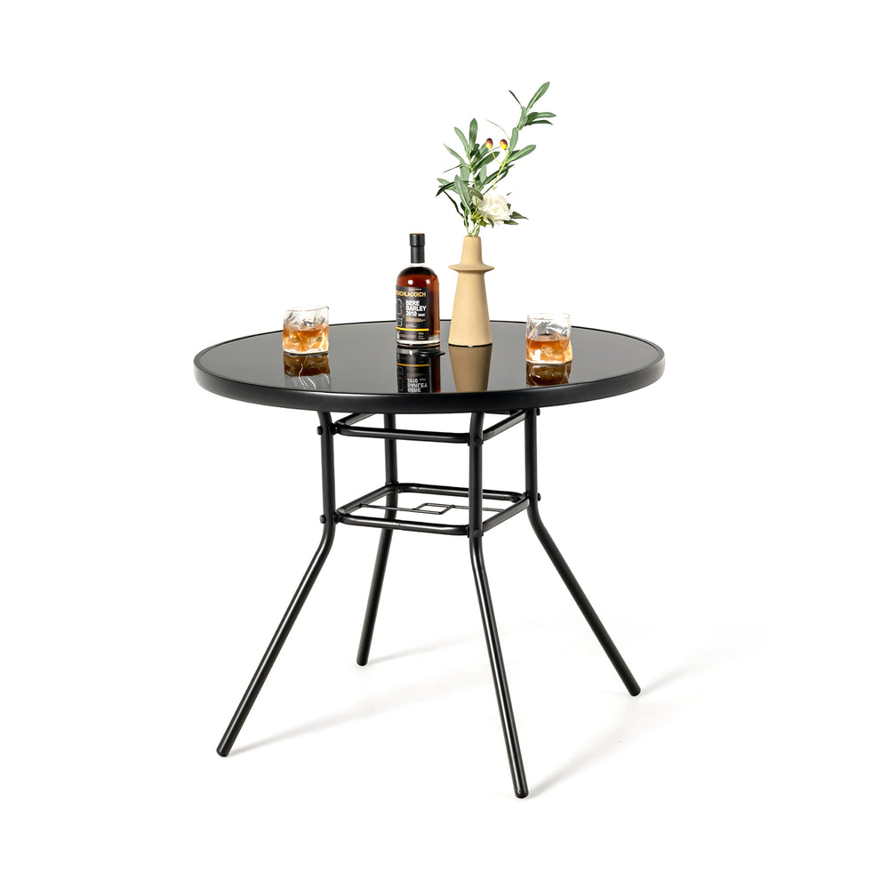 34-inch round patio dining table with tempered glass top and 1.5-inch umbrella hole, ideal for indoor and outdoor use.