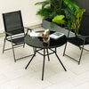 Round 34-inch patio dining table with tempered glass top and 1.5-inch umbrella hole, ideal for outdoor gatherings.