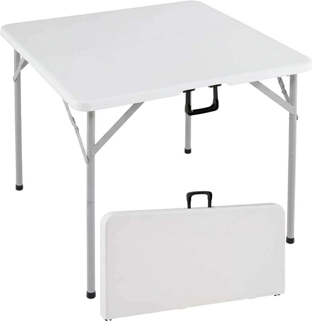 34-inch square foldable card table in white with a carrying handle, designed for easy portability and stable use indoors or outdoors.