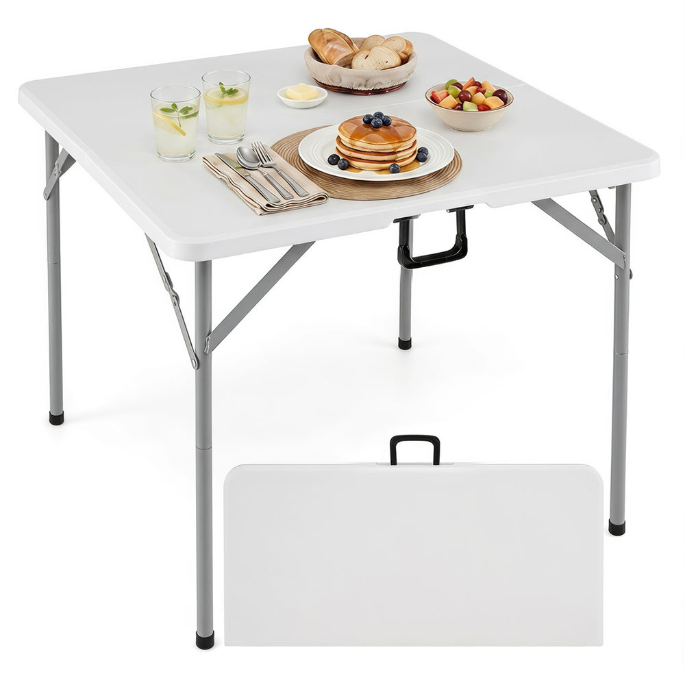 34-inch square foldable card table in white with metal legs and a waterproof surface, perfect for versatile dining experiences.