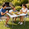 Family enjoying a meal at the 34-inch square foldable card table with a white HDPE top in a garden setting.